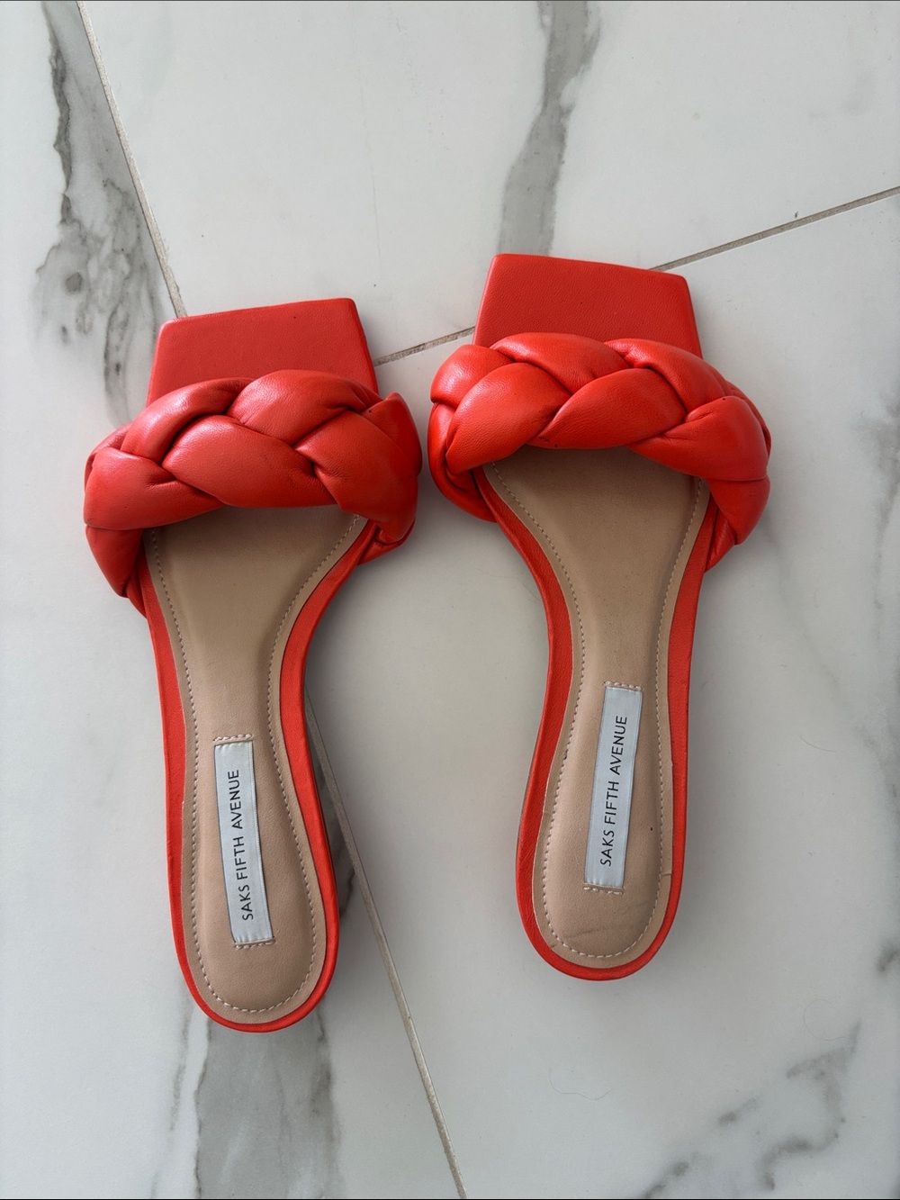 Saks Fifth Avenue Braided Slide Sandals in Coral Red